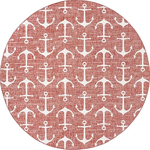 Unique Loom Outdoor Coastal Collection Area Rug - Ahoy (10' Round, Rust Red/ Ivory) - Image 3
