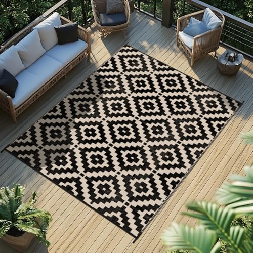 Favoyard Outdoor Rug Black & Beige 8x10 ft Waterproof Reversible Carpet Mat by OutdoorFurnitureAccessories