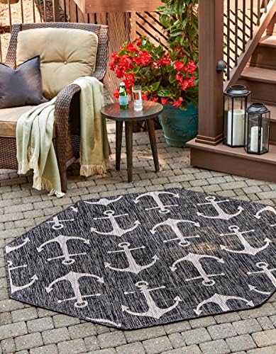 Unique Loom Outdoor Coastal Collection Area Rug - Ahoy (7' 10" Octagon, Charcoal/ Ivory) by UniqueLoom