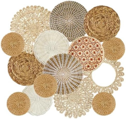Xuhal 15 Pcs Boho Wall Basket Decor Handcrafted Seagrass Woven Wall Basket Rustic Round Woven Hanging Art for Home Farmhouse Kitchen Table Living Room(Fresh Style) by Xuhal