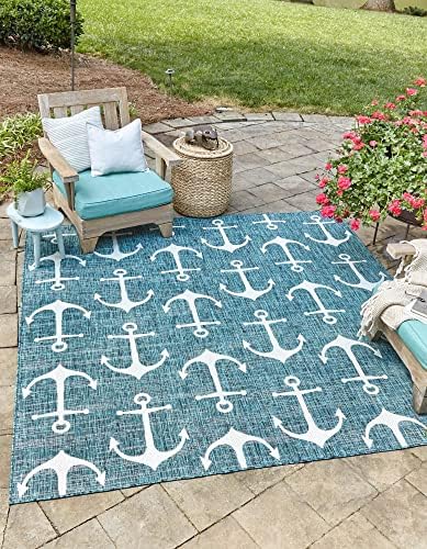 Unique Loom Outdoor Coastal Collection Area Rug - Ahoy (10'Square, Teal/ Ivory) by UniqueLoom