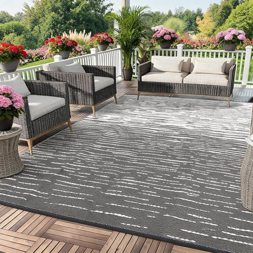 Outdoor Rug 8x10 Waterproof Patio Rugs Abstarct Line Reversible Mat for Front Door Rv Foldable Plastic Straw Carpet for Travel Trailers, Deck, Picnic, Porch, Camper, Balcony, Beach，Grey by Unknown