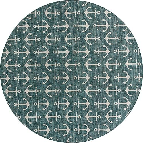 Unique Loom Outdoor Coastal Collection Area Rug - Ahoy (13' Round, Teal/ Ivory) - Image 2