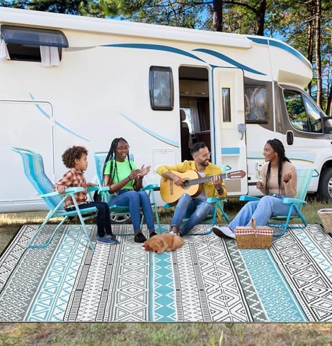 GlowSol Outdoor Rugs 9x12 Waterproof Portable Camping Carpet, Reversible Outdoor Plastic Straw Rug for Patio, RV Mat Bohemian Outdoor Rugs for Porch, Deck, Backyard, Balcony, Picnic,Blue/Grey - Image 4