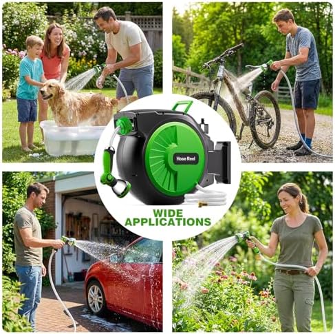 Retractable Garden Hose Reel 66FT x 1/2 in, Wall Mount Water Hose Reel for Outside with Auto Rewind, Tangle-Free Guide, 180° Swivel Bracket, Lock at Any Length, High-Pressure Flow, 10-Pattern Nozzle - Image 6