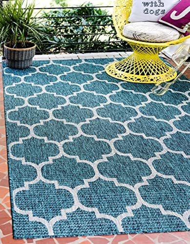 Unique Loom Outdoor Trellis Collection Area Rug (10' x 13' 1" Rectangle, Teal/ Gray) by UniqueLoom