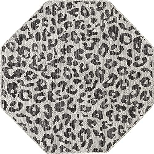 Unique Loom Outdoor Safari Collection Area Rug - Leopard (5' 3" Octagon, Light Gray/ Gray) - Image 3
