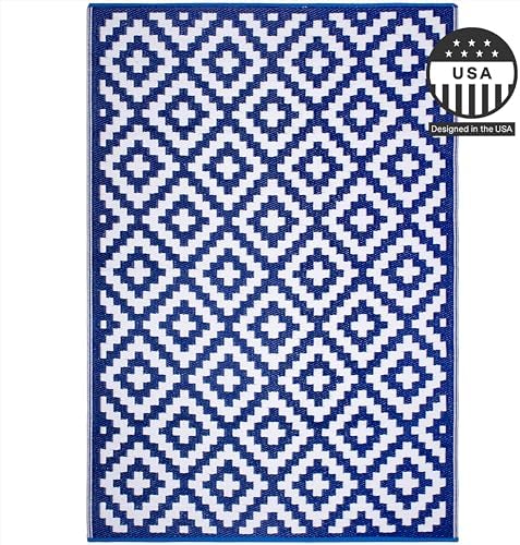 FH Home Outdoor Rug - Waterproof, Fade Resistant, Reversible - Premium Recycled Plastic - Geometric - Large Patio, Deck, Sunroom, Camping, RV - Aztec - Blue & White Crease Free - 6 x 9 ft - Image 4