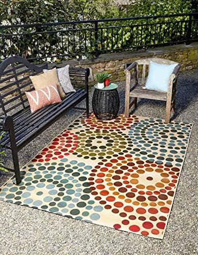Unique Loom Outdoor Modern Collection Area Rug - Spark (7' 1" x 10' Rectangle, Beige/ Burgundy) by UniqueLoom
