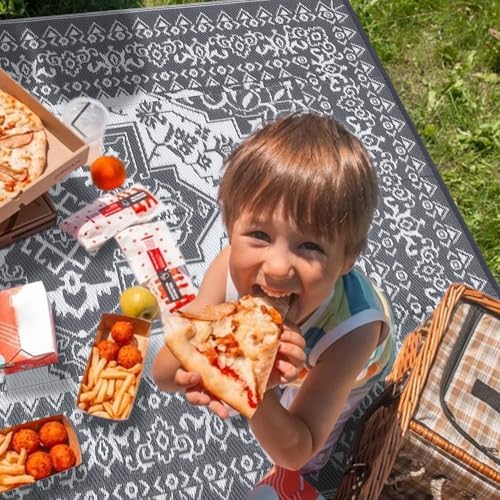 COZYLOOM Waterproof Outdoor Rug 9x18 ft, Plastic Reversible Rug, Vintage Area Rug, Large Floor Mat with 4 Stakes for Outdoors, RV, Patio, Backyard, Deck, Picnic, Beach, Camping, Grey & White - Image 6