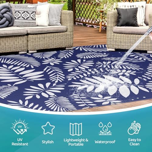 StepRite Outdoor Rug, Patio Rug, Plastic Straw Camping Rugs, Large Waterproof Area Rug and Mat for Outdoors, RV, Patio, Backyard, Deck, Porch, Beach, Balcony, (8'x 10', White & Blue) - Image 3