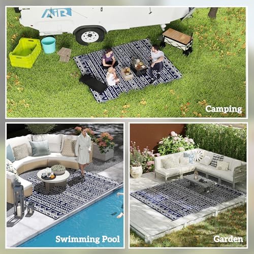 Outsunny Outdoor Rug for Patio Waterproof, 8' x 10', Blue White Geometric - Image 5