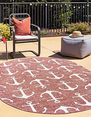 Unique Loom Outdoor Coastal Collection Area Rug - Ahoy (5' 3" x 8' Oval, Rust Red/ Ivory) - Image 4