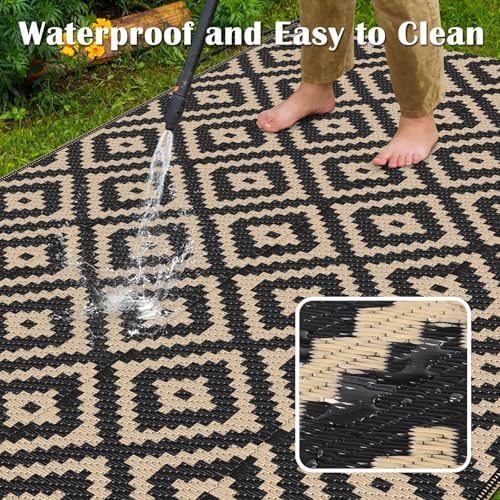 Mattitude Waterproof Outdoor Rug, Reversible Patio Rug, 8'x10' Black&Beige - Image 4