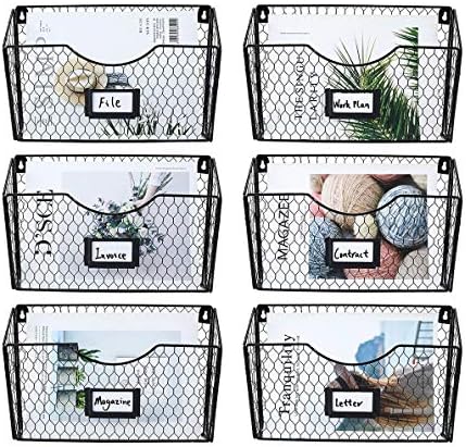 PAG-Mass 6 Pockets Hanging File Holder Wall Mount Mail Organizer Metal Chicken Wire Magazine Rack with Tag Slot, Black by PAG