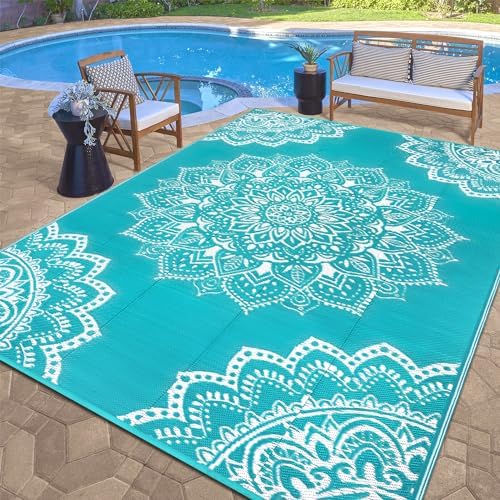 Yamaziot Waterproof Outdoor Rug 9x12 ft, Reversible Plastic Straw Rug for Patio Clearance, Camping, RV Mat, Large Outside Rug Carpet for Porch, Deck, Backyard, Balcony, Picnic (Blue) by Yamaziot