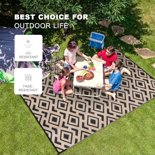 wikiwiki Outdoor Rug, 9x12ft Waterproof Reversible Mat Indoor Outdoor Rugs Carpet, Small Area Rug Plastic Straw Rug for Patio Deck Balcony Pool RV Camping Beach Picnic, Black & Beige, Rugscape Series - Image 3