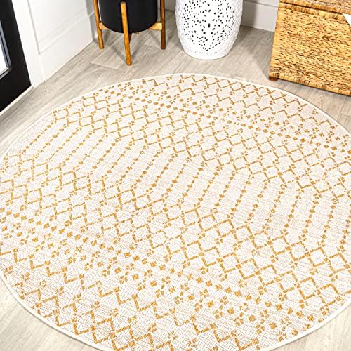 Eyely Moroccan Woven Round Rug 5 Ft Cream/Yellow, Indoor Outdoor Rug by eyely