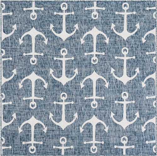 Unique Loom Outdoor Coastal Collection Area Rug - Ahoy (6' 1" Square Blue/Ivory) - Image 2
