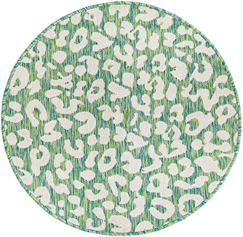 Unique Loom Outdoor Safari Collection Area Rug - Leopard (3' Round, Green Blue/ Ivory) - Image 3