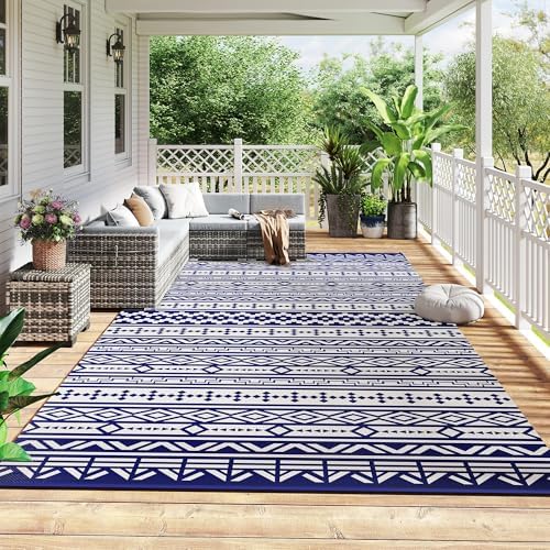 Outsunny Outdoor Rug for Patio Waterproof 9' x 18' Blue & White Geometric - Image 3
