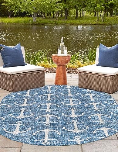 Unique Loom Outdoor Coastal Collection Area Rug - Ahoy (5' 3" x 7' 10" Oval, Blue/ Ivory) - Image 2