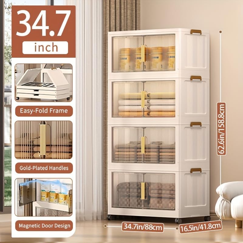 Storage Bins with Lids, 4 Tier 480 QT Stackable Plastic Storage Bins, Foldable Storages Boxes with Magnetic Doors and Wheels for Clothes, Snacks, Books, Folding Containers for Home Office - Image 2