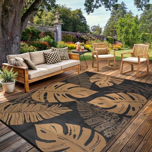 Waterproof 8x10 Outdoor Rug for Patio Reversible Plastic Straw Rug Tropical Camping Carpet with Carry Bag, Stain & UV Resistant Portable RV Carpet for Camper Deck Balcony Porch Beach Picnic,Brown by GLOWSOL