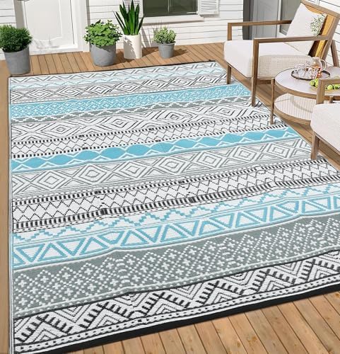 GlowSol Outdoor Rugs 9x18 Waterproof Portable Camping Carpet, Reversible Outdoor Plastic Straw Rug for Patio, RV Mat Bohemian Outdoor Rugs for Porch, Deck, Backyard, Balcony, Picnic,Blue/Grey - Image 2