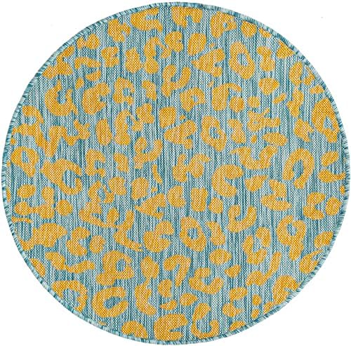 Unique Loom Outdoor Safari Collection Area Rug - Leopard (3' Round, Blue Yellow/ Blue) - Image 3