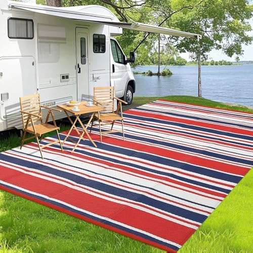 Garvee Outdoor Rug 9 ft x 18 ft Waterproof Plastic Straw Patio Rug, Outdoor Large Area Rug Mats for Camper Indoor Outdoor Carpet for Rv Deck Porch Picnic Beach Balcony (Red/Dark Blue) - Image 2