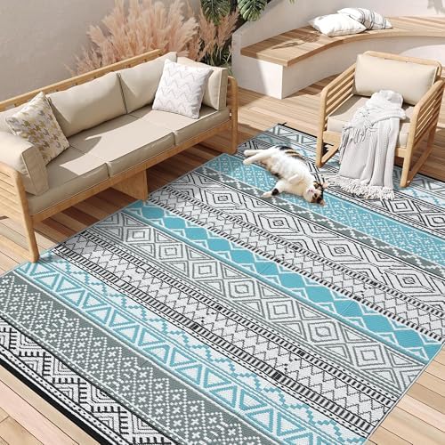 Outdoor Plastic Straw Rug 9x18 Large Floor Mat Boho Waterproof Rug for Patio Reversible Rug for Outdoors RV Beach Patio Camping Backyard Deck Picnic Camping Outside Grey Teal - Image 2