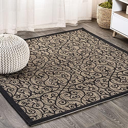 Eyely Filigree Weave Square Rug 5X5 Black/Khaki, Indoor Outdoor Rug by eyely