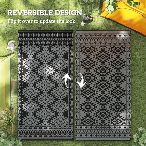 Outsunny Outdoor Rug for Patio Waterproof 9' x 18' Black & Gray Rhombus - Image 7