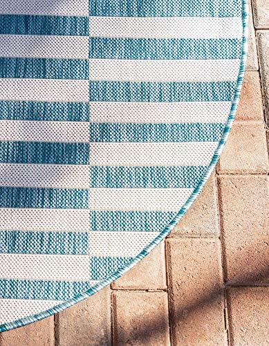 Unique Loom Outdoor Striped Collection Area Rug - Striped (4' 1" Round, Light Aqua/Ivory) - Image 7