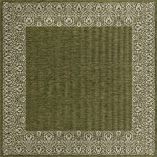 Unique Loom Outdoor Border Collection Area Rug - Floral Border (10' 8" Square, Green/ Ivory) - Image 3