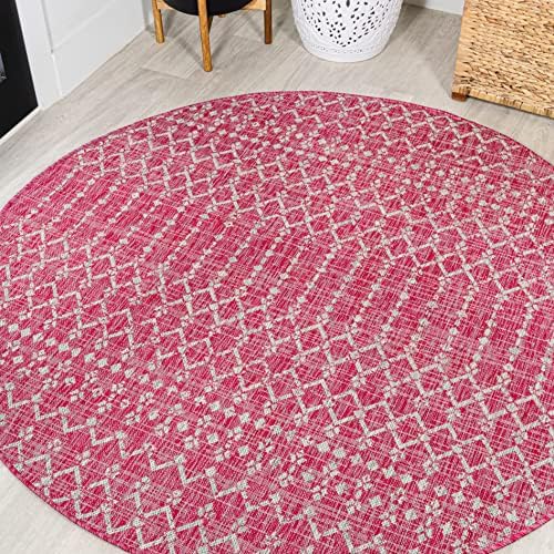 Eyely Moroccan Woven Round Rug 5 Ft Fuchsia/Lt Gray, Indoor Outdoor Rug by eyely