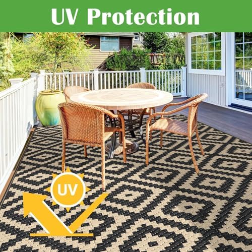 Mattitude Waterproof Outdoor Rug, Reversible Patio Rug, 8'x10' Black&Beige - Image 3