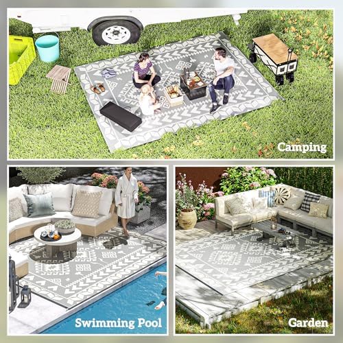 Outsunny Outdoor Rug for Patio Waterproof 9' x 12' Black & White Rhombus - Image 5