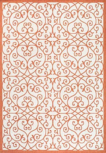 Eyely Filigree Weave Area Rug 9X12 Cream/Orange, Indoor Outdoor Rug - Image 3