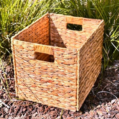 4 Hand-Woven Wicker Storage Baskets 13x11x11in, Water Hyacinth Shelf Bins - Image 6