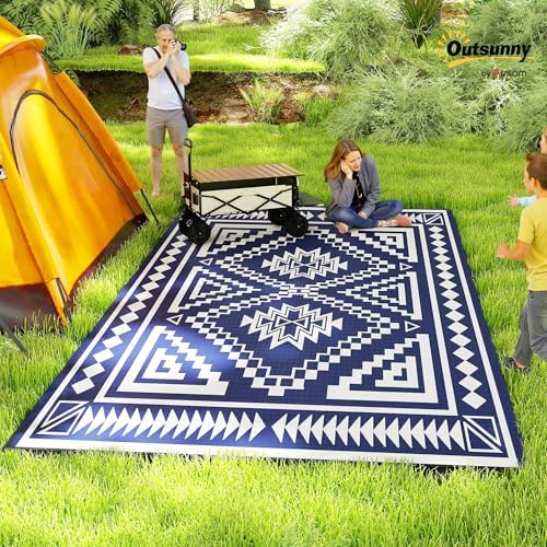 Outsunny Outdoor Rug for Patio Waterproof 9' x 18' Blue & White Square - Image 3