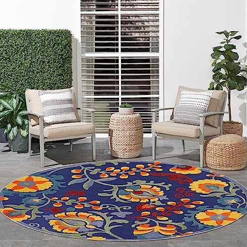 Nourison Home Aloha Navy Multicolor 7'10" x Round Area Rug - Easy Clean, Non Shedding, Bed Room, Living Room, Dining Room, Kitchen (8' x Round) - Image 2
