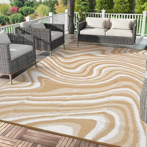 10x20 Large Outdoor Patio Rug Modern Abstarct Plastic Straw Outdoor Rugs Waterproof Foldable UV Resistant Camping Reversible Mats for Deck, Camper, Balcony, Beach, Rv，Brown/Coffee/White - Image 2