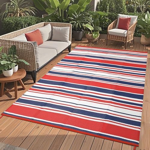 GAOMON 9x18 Outdoor Rug for Patio Waterproof Plastic Straw Large Rug Geometric Stripe Indoor Outdoor Area Rug Modern Lines Outside Carpets for Backyard Balcony Trailer Beach, Red Navy White by GAOMON