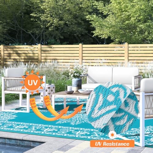 Yamaziot 8x10Ft Outdoor Rug Waterproof Plastic Straw Outdoor Patio Rug,Teal - Image 3