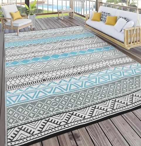GlowSol Outdoor Rugs 8x10 Waterproof Portable Camping Carpet, Reversible Outdoor Plastic Straw Rug for Patio, RV Mat Bohemian Outdoor Rugs for Porch,Deck,Backyard,Balcony,Picnic,Blue/Grey by GLOWSOL