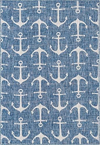 Unique Loom Outdoor Coastal Collection Area Rug - Ahoy (6' 1" x 9' Rectangle, Blue/ Ivory) - Image 3