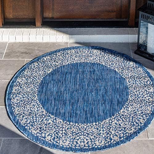 Unique Loom Outdoor Border Collection Area Rug - Floral Border (4' 1" Round, Blue/ Ivory) by UniqueLoom