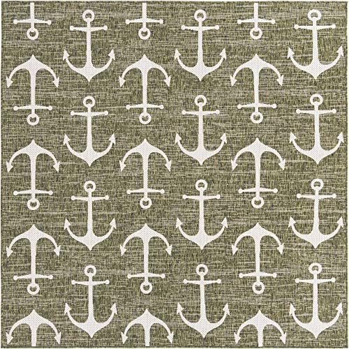 Unique Loom Outdoor Coastal Collection Area Rug - Ahoy (7' 10" Square, Green/ Ivory) - Image 3